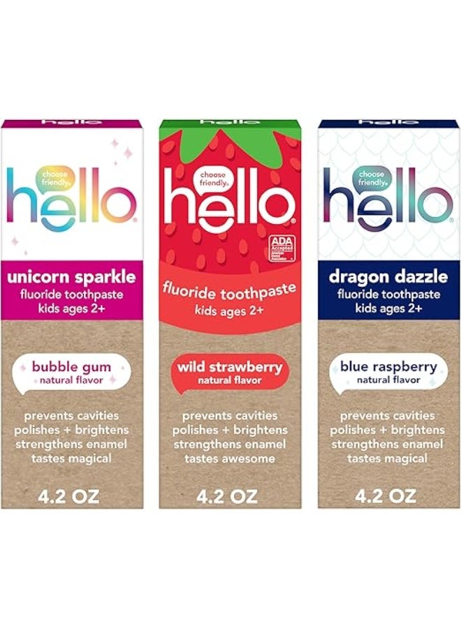 هالو معجون أسنان هيلو للأطفال بالفلورايد بنكهات يونيكورن والفراولة والدراجون 4.2 أونصة عبوة من 3 - Image 1